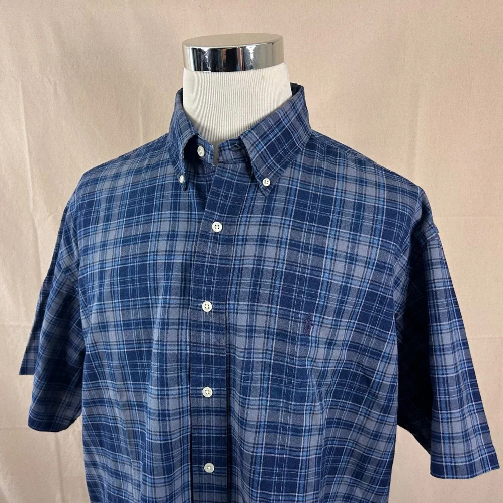Polo Ralph Lauren XL Blake Button Down Shirt Blue Plaid Short Sleeve Cotton Mens